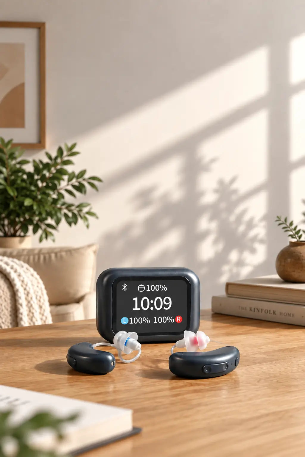 Close-up view of the AuyeeSnc OmniTouch charging case screen showing battery status and time, with hearing aids in front