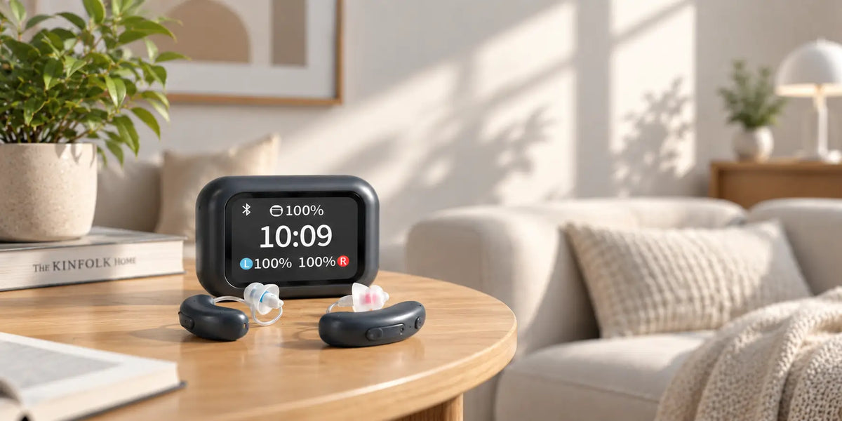 AuyeeSnc OmniTouch hearing aids and touchscreen charging case displayed on a wooden table in a sunlit living room