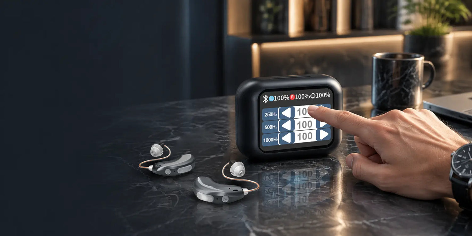 AuyeeSnc OmniTouch RIC hearing aids rest on a dark marble desk while a hand uses the touchscreen charging case to manually enter hearing results across frequency bands.