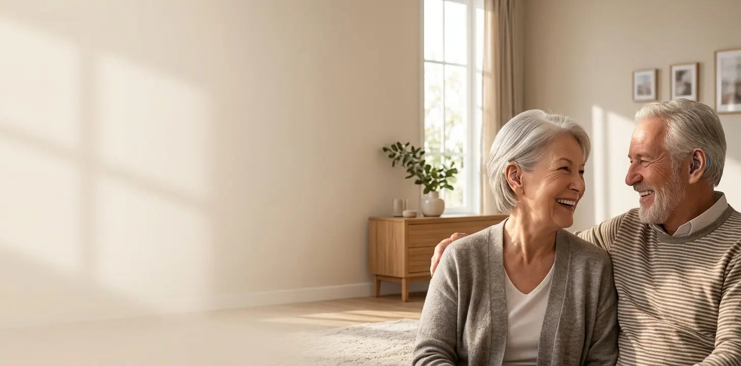 Senior couple smiling with AuyeeSnc OmniTouch OTC hearing aids for Senior Citizens Day Sale