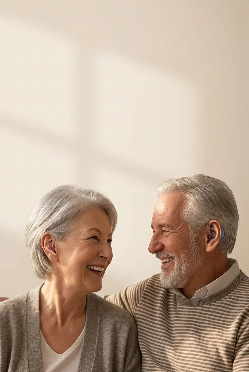 AuyeeSnc OmniTouch OTC hearing aids and charging case with happy senior couple