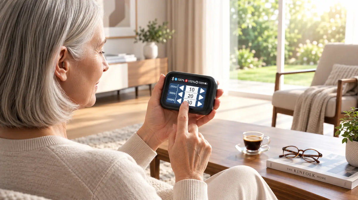 Senior woman adjusting hearing aid settings on touchscreen charging case