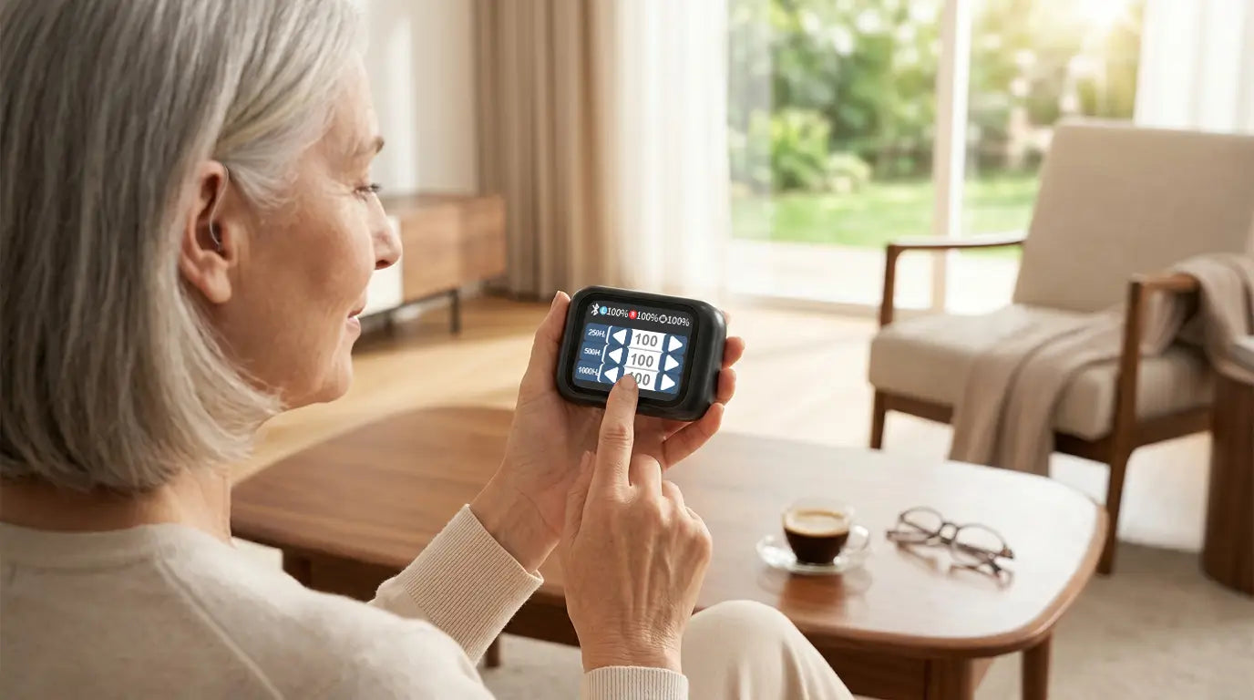 Senior woman adjusting hearing aid settings on touchscreen charging case