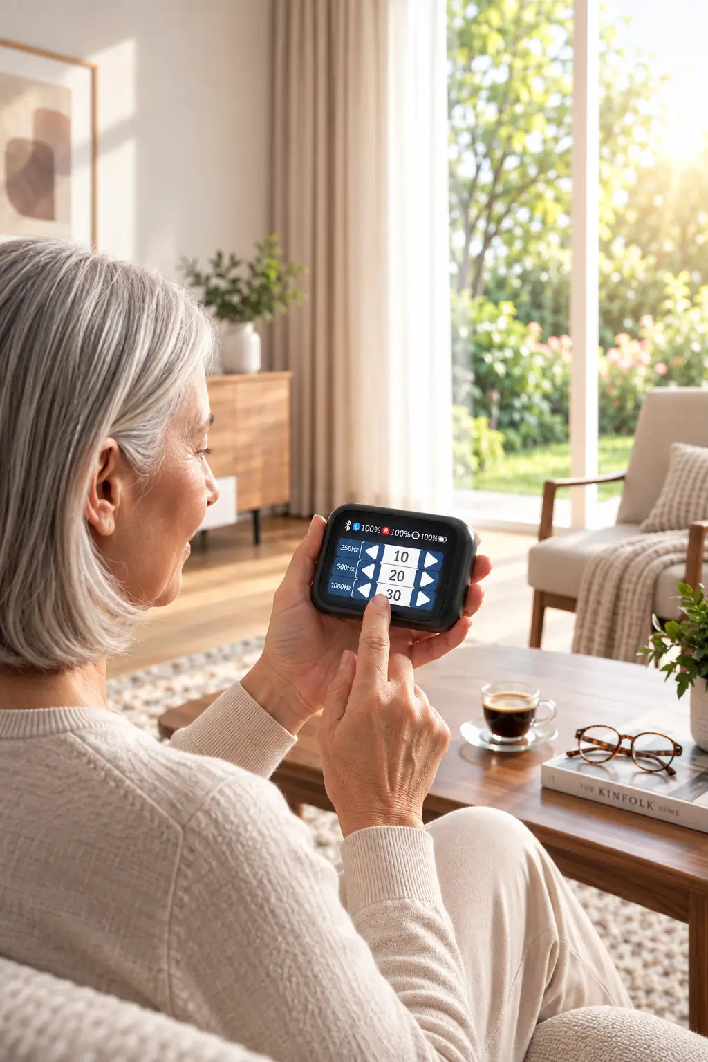 Woman using smart charging case to fit hearing aids at home