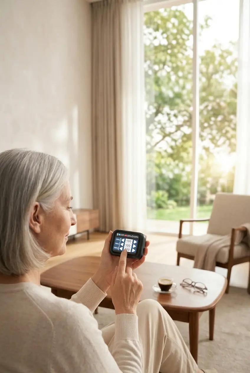 Woman using smart charging case to fit hearing aids at home